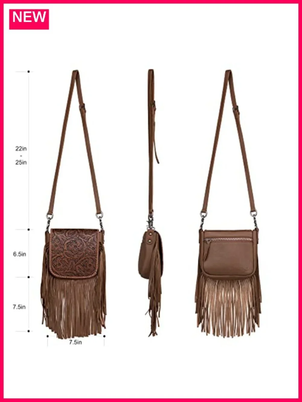 Genuine Leather Fringe Crossbody Purse with Floral Tooled Pattern